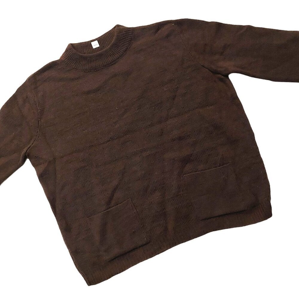 Vintage 1940s Long Sleeve Dark Brown Crew Neck Knit Sweater w/ 2 Front Pockets - Picture 5 of 10